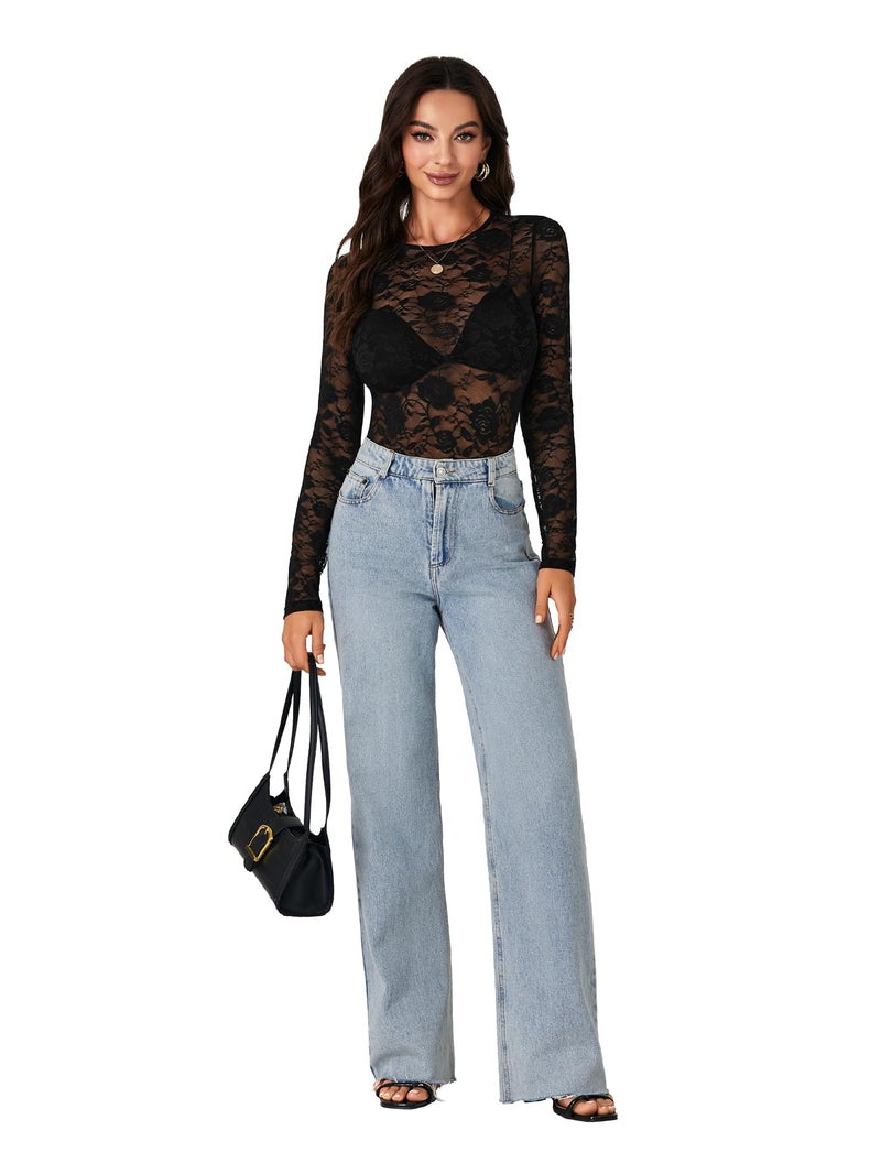 LYANER Women's Sexy Mesh Top Floral Long Sleeve See Through Shirt Lace Sheer Blouses Black X-Small - Image 5