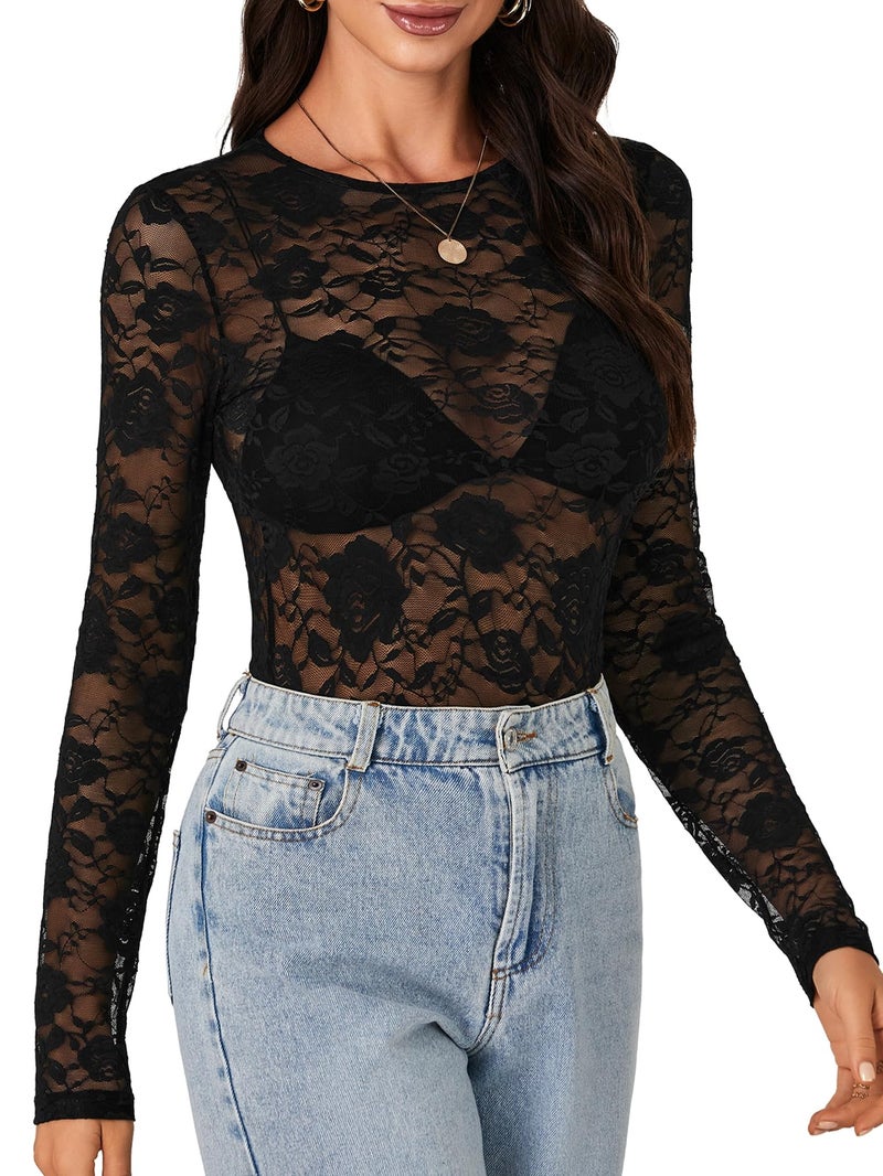 LYANER Women's Sexy Mesh Top Floral Long Sleeve See Through Shirt Lace Sheer Blouses Black X-Small - Image 3