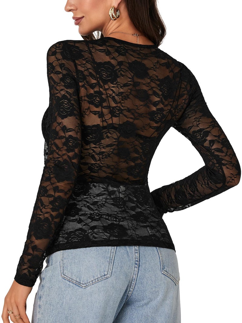 LYANER Women's Sexy Mesh Top Floral Long Sleeve See Through Shirt Lace Sheer Blouses Black X-Small - Image 4