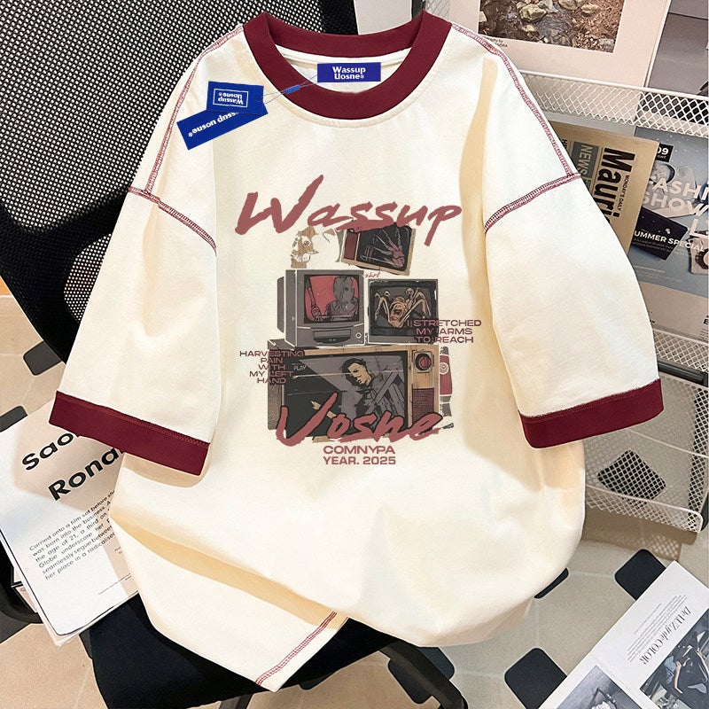 WASSUP American retro heavy cotton short-sleeved T-shirt men's summer 2026 new popular loose couple top - Image 1