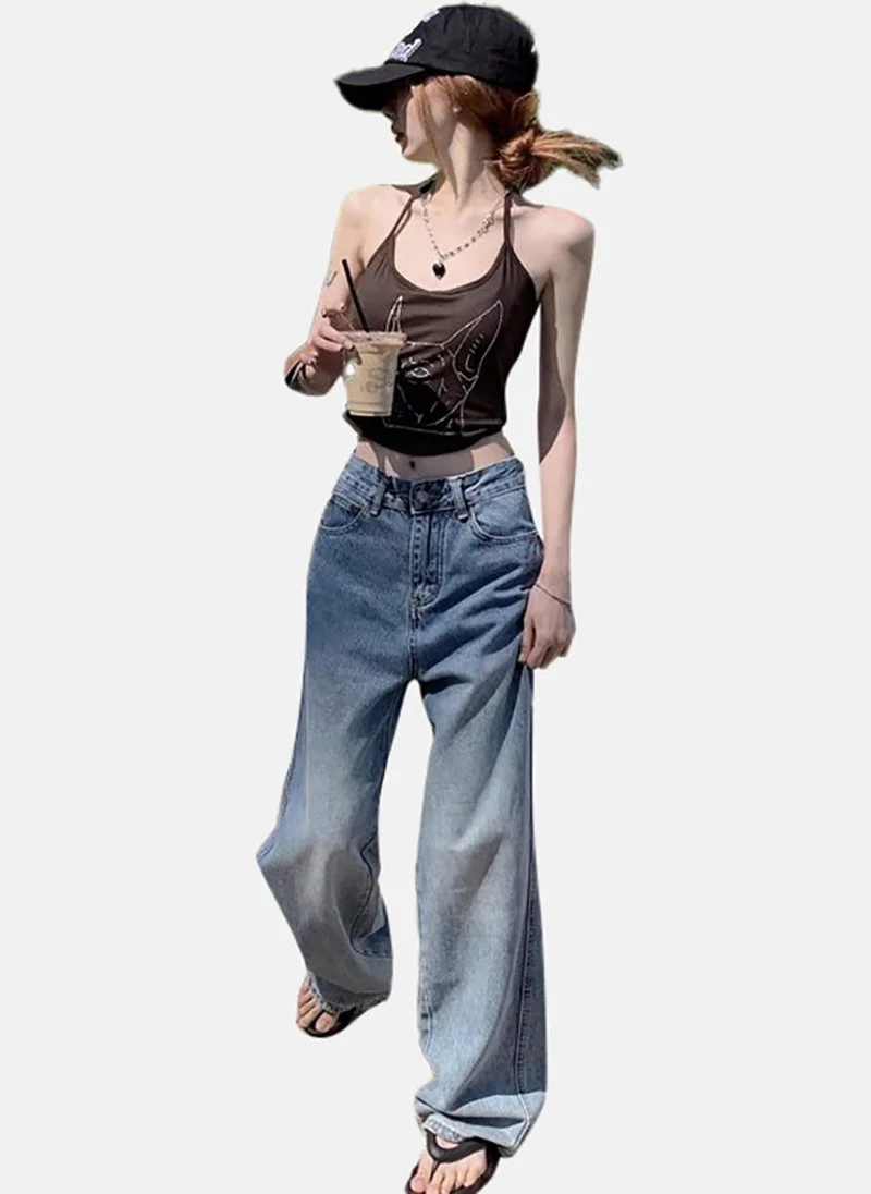 يونيكي Blue Solid Mid Rise Relaxed Wide Leg Jeans