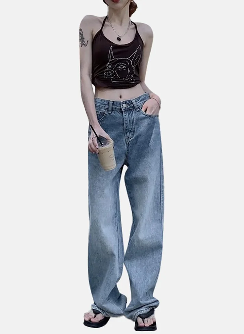 يونيكي Blue Solid Mid Rise Relaxed Wide Leg Jeans