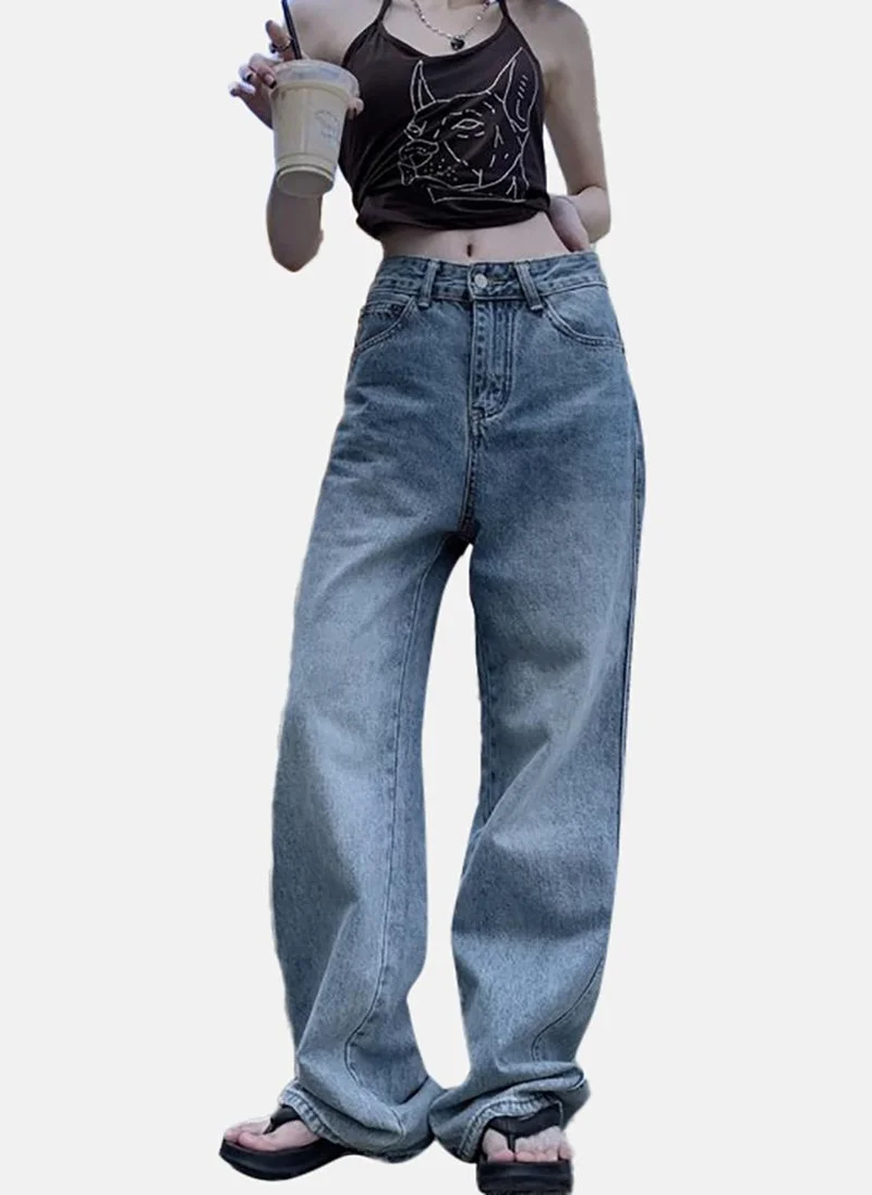 YUNIQEE Blue Solid Mid Rise Relaxed Wide Leg Jeans