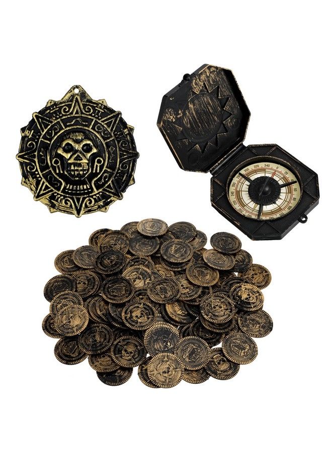 Geyoga 102 Pieces Pirate Theme Party Supply Include Vintage Pirate Treasure Gold Coins Pirate Skull Necklace And Pirate Compass Pirate Accessories Costume For Halloween Cosplay Party - Image 1