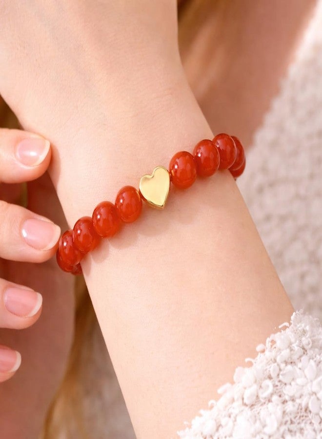 SUKHAD Natural Red Carnelian Bracelet for Men & Women | Healing Crystal Bracelet with Gold Heart Charm | Confidence Motivation Energy Gemstone Bracelet | Stretchable Beaded Jewelry - Image 2