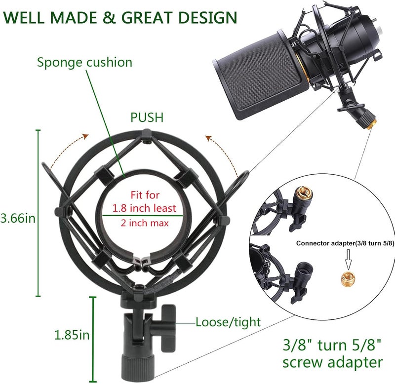 BTOOP Microphone Shock Mount with Pop Filter, Mic Anti-Vibration Suspension Shock Mount Holder Clip for Diameter 46mm-51mm Microphone - Image 2