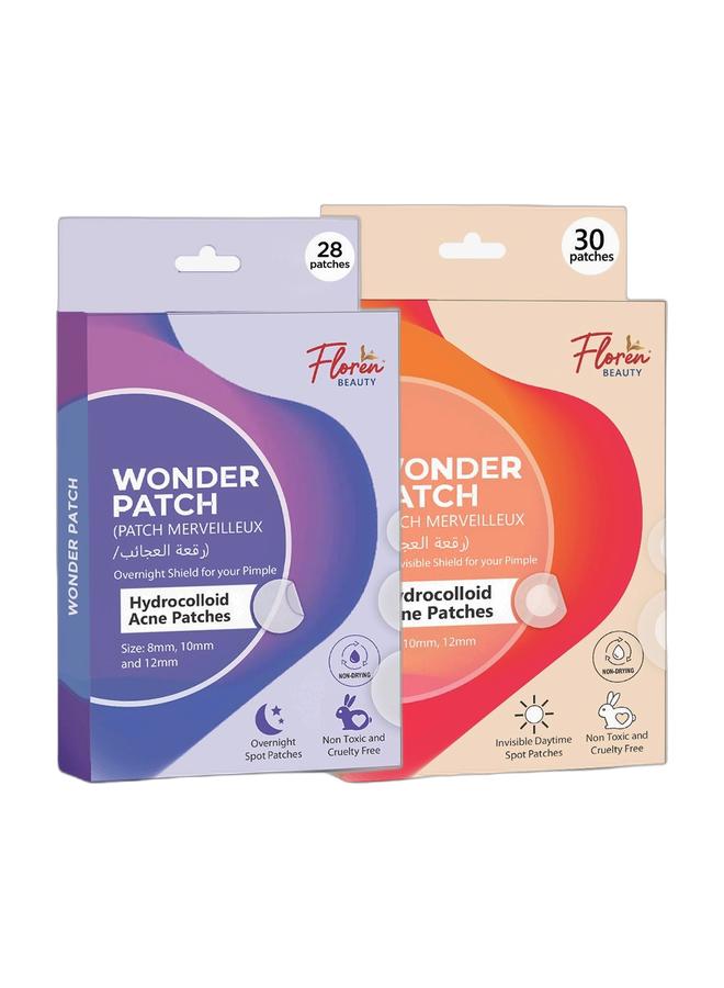 Floren Wonder Acne Patch Combo | 58 Count | Day & Night Hydrocolloid Pimple Patch Set | Invisible Day Patch + Overnight Thick Patch | Fast Healing, Drug-Free Korean Skincare for Blemishes & Acne - Image 1