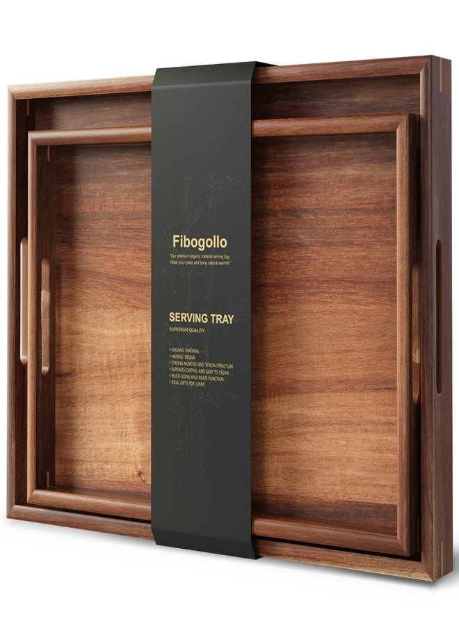 Fibogollo Set of 2 Acacia Wood Serving Tray with Handles,Decorative Trays Platter,Breakfast Tray in Bed,Food Drinks Tray for Eating,Working,Storing(Brown) - Image 1