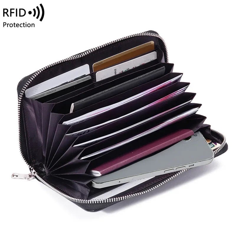 Top Layer Cowhide RFID Passant Bag Zipper Long Pockets Multi-function ID Bag Large Capacity Genuine Leather Clutch Bag - Image 2