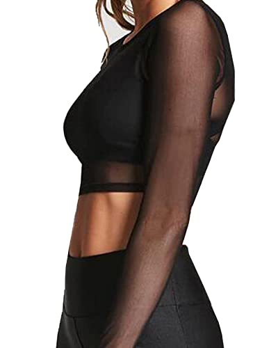 BelleLovin Women's Sheer Mesh Long Sleeve Crop Top Sexy Tee Blouse (Black-A, Medium) - Image 2
