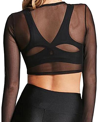 BelleLovin Women's Sheer Mesh Long Sleeve Crop Top Sexy Tee Blouse (Black-A, Medium) - Image 3
