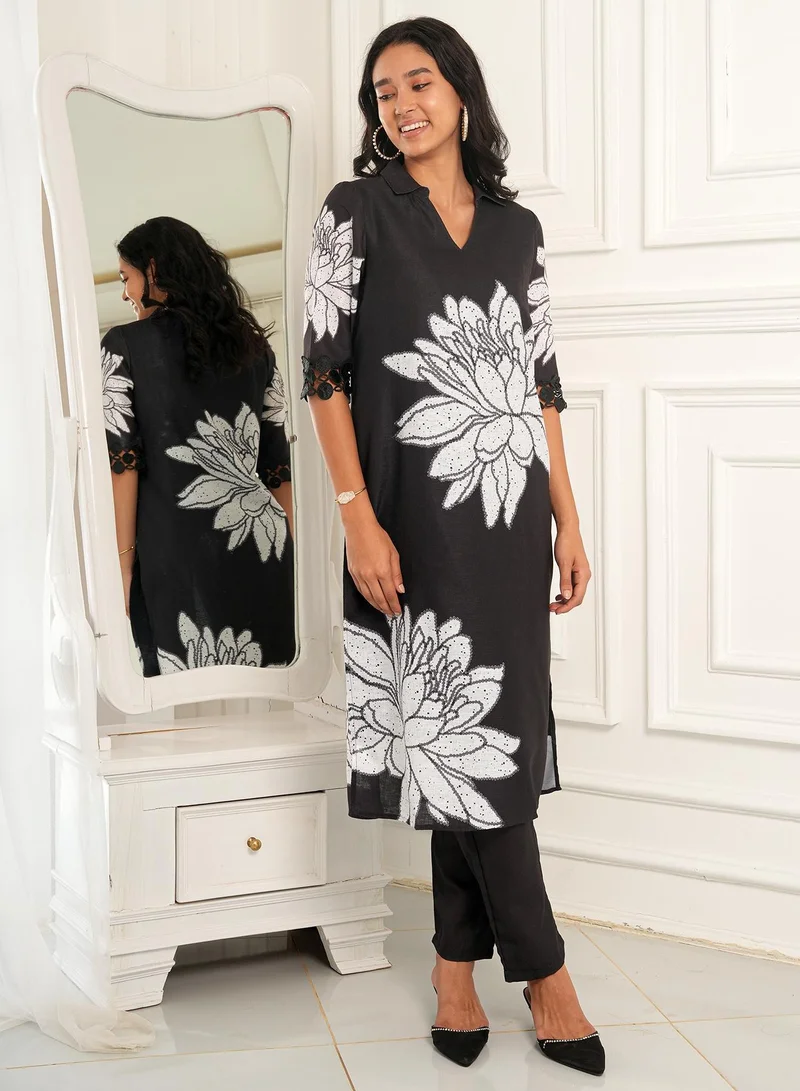 Qissa  Women's Onyx Black Dahlia Imprint Kurta Set for Women | Best Price UAE