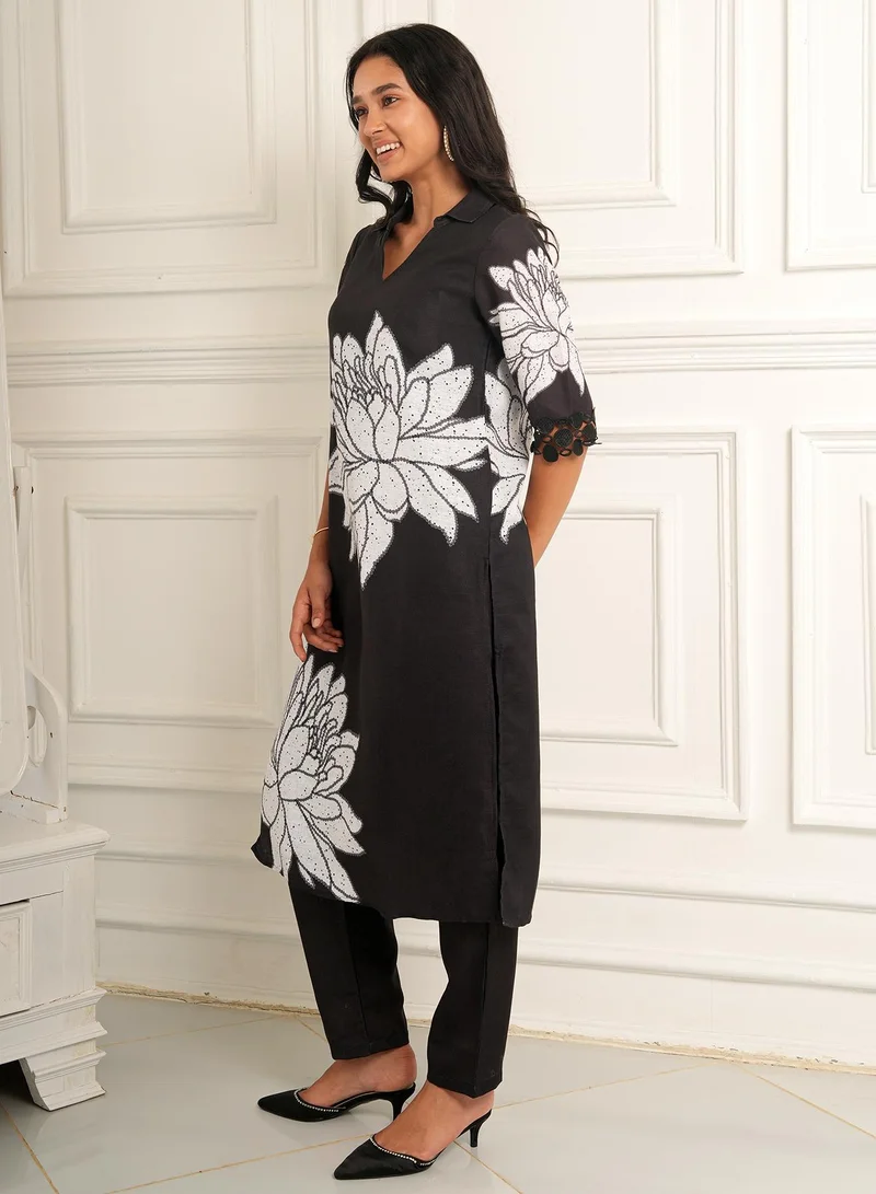 Qissa  Women's Onyx Black Dahlia Imprint Kurta Set for Women | Best Price UAE
