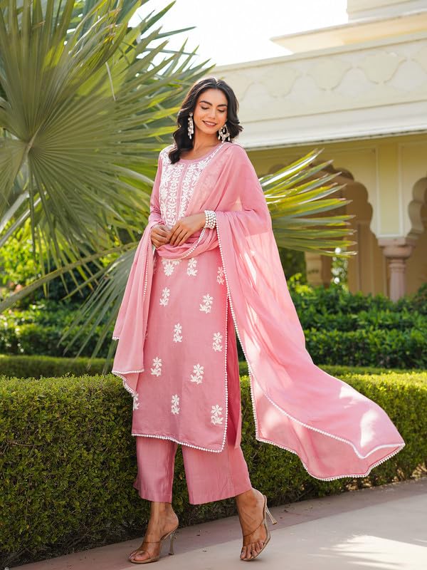Vaamsi Women's Pink Viscose Embroidered Straight Kurta Palazzo With Dupatta Set | Daily Straight Kurta Set For Women | Embroidered Salwar Suit For Women (VKSKD2354, M) - Image 3