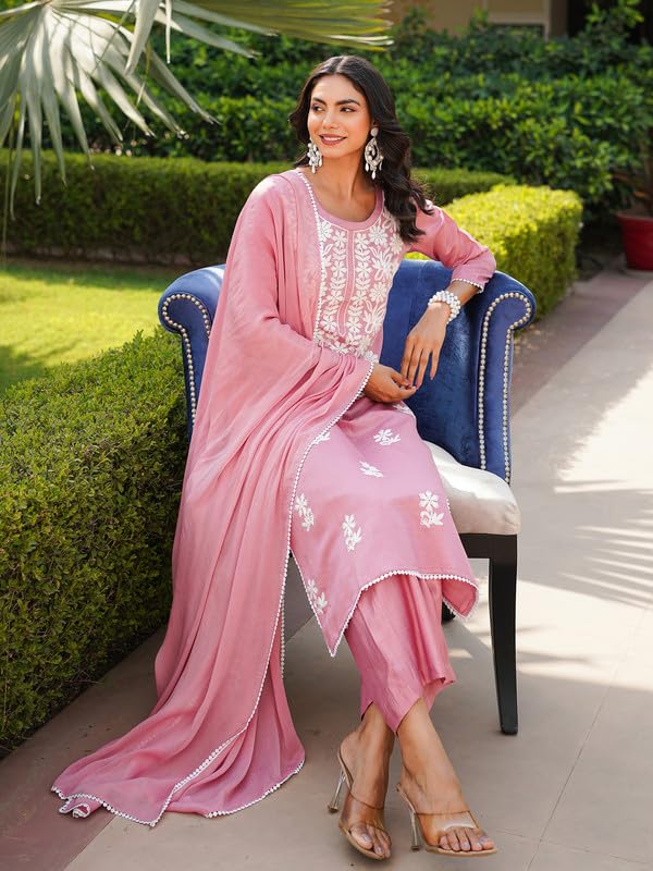Vaamsi Women's Pink Viscose Embroidered Straight Kurta Palazzo With Dupatta Set | Daily Straight Kurta Set For Women | Embroidered Salwar Suit For Women (VKSKD2354, M) - Image 2