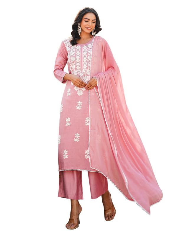 Vaamsi Women's Pink Viscose Embroidered Straight Kurta Palazzo With Dupatta Set | Daily Straight Kurta Set For Women | Embroidered Salwar Suit For Women (VKSKD2354, M) - Image 1