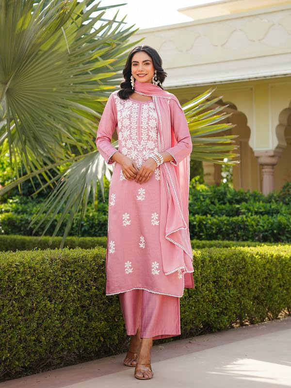 Vaamsi Women's Pink Viscose Embroidered Straight Kurta Palazzo With Dupatta Set | Daily Straight Kurta Set For Women | Embroidered Salwar Suit For Women (VKSKD2354, M) - Image 5
