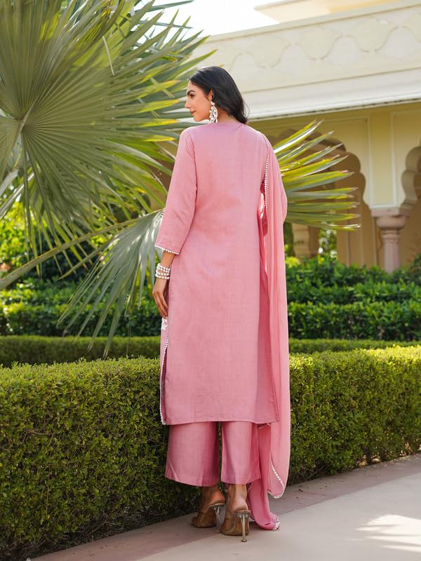 Vaamsi Women's Pink Viscose Embroidered Straight Kurta Palazzo With Dupatta Set | Daily Straight Kurta Set For Women | Embroidered Salwar Suit For Women (VKSKD2354, M) - Image 4