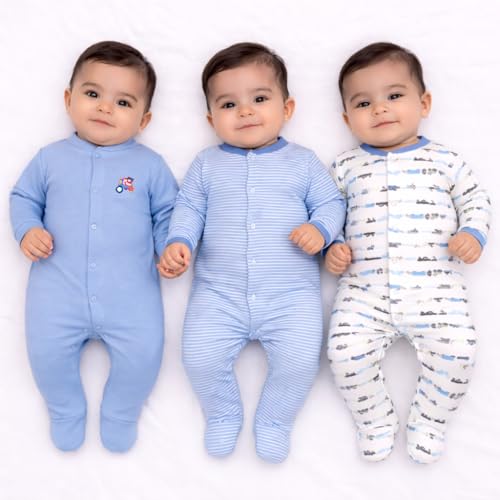 VParents Aqua Full Length Printed Baby Footies Sleepsuit Romper Pack of 3 - New Born (0-3 Months, Blue) - Image 1