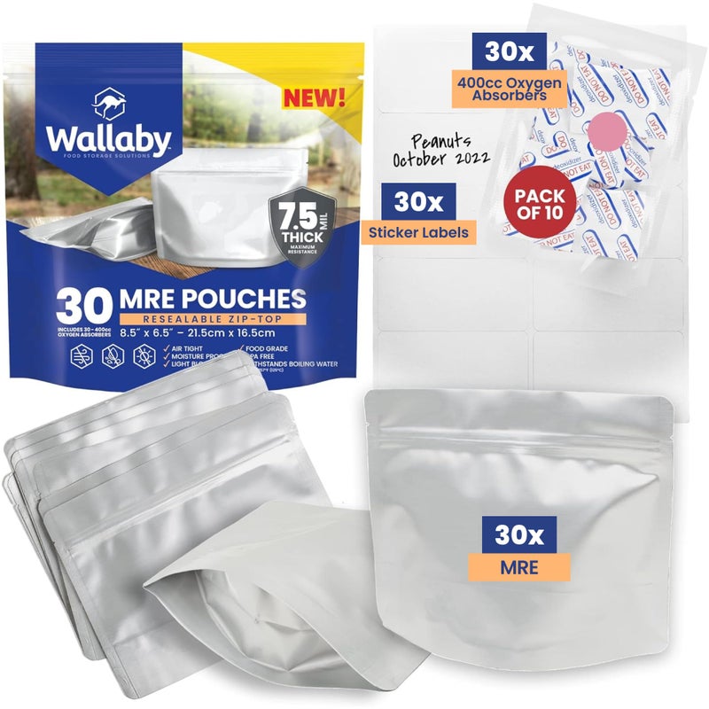 Wallaby 30 Count MRE Mylar Bags with 400cc Oxygen Absorbers, 15 Mil Total Thickness Long-Term Food Storage Pouches, 6.5x8.5 Stand-Up Zipper Heat-Sealable Airtight Packaging - Silver - Image 1
