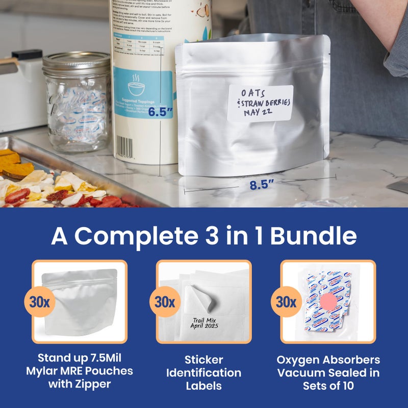 Wallaby 30 Count MRE Mylar Bags with 400cc Oxygen Absorbers, 15 Mil Total Thickness Long-Term Food Storage Pouches, 6.5x8.5 Stand-Up Zipper Heat-Sealable Airtight Packaging - Silver - Image 3