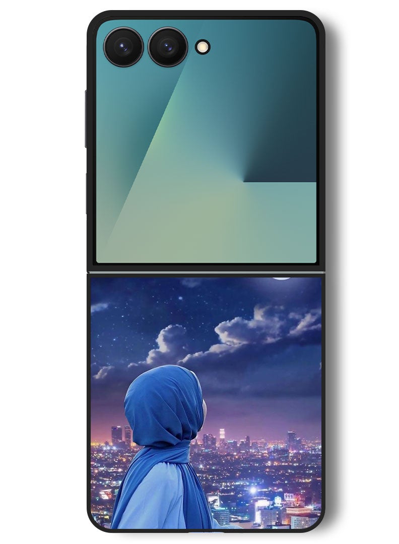 Theodor Case Compatible with Samsung Galaxy Z Flip 7 - 6.9 Inch Protection Shockproof Bumper Cover Hijab Girl Looking at Moon - Image 1