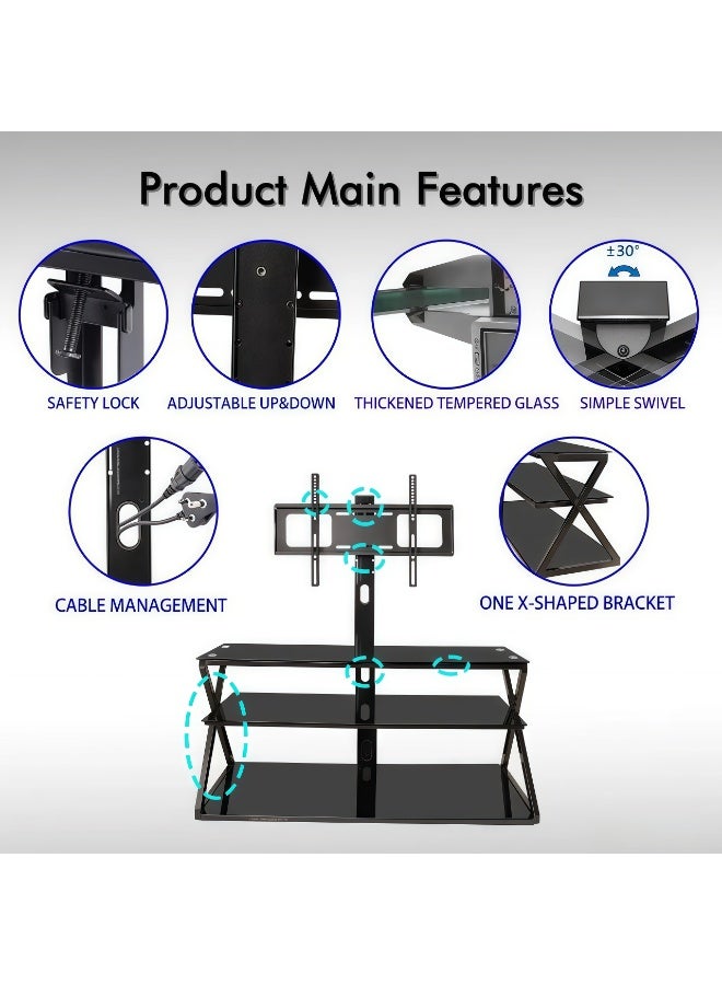 فلاشهوك حامل تلفزيون أرضي مع حامل لأجهزة تلفزيون مقاس 32-70 بوصة، أرفف تخزين من الزجاج المقسّى بثلاث طبقات، دوارة بزاوية 60 درجة، ارتفاع قابل للتعديل، طاولة تلفزيون حديثة باللون الأسود لغرفة المعيشة/غرفة النوم - Image 3