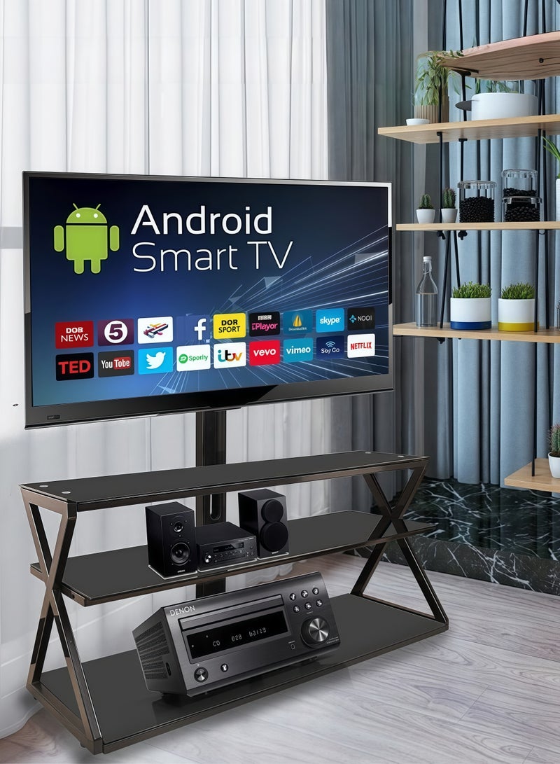 فلاشهوك حامل تلفزيون أرضي مع حامل لأجهزة تلفزيون مقاس 32-70 بوصة، أرفف تخزين من الزجاج المقسّى بثلاث طبقات، دوارة بزاوية 60 درجة، ارتفاع قابل للتعديل، طاولة تلفزيون حديثة باللون الأسود لغرفة المعيشة/غرفة النوم - Image 5