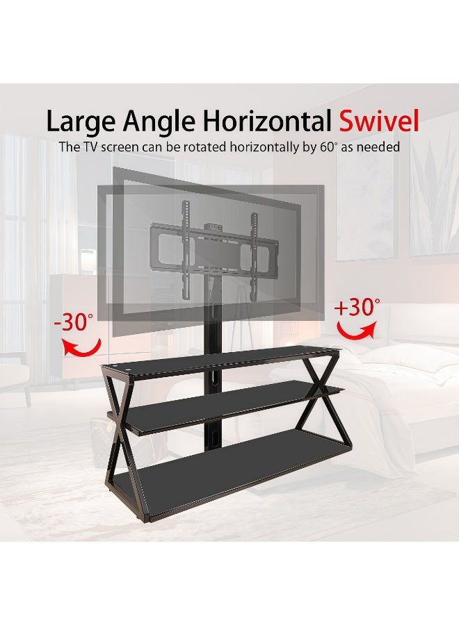 فلاشهوك حامل تلفزيون أرضي مع حامل لأجهزة تلفزيون مقاس 32-70 بوصة، أرفف تخزين من الزجاج المقسّى بثلاث طبقات، دوارة بزاوية 60 درجة، ارتفاع قابل للتعديل، طاولة تلفزيون حديثة باللون الأسود لغرفة المعيشة/غرفة النوم - Image 4
