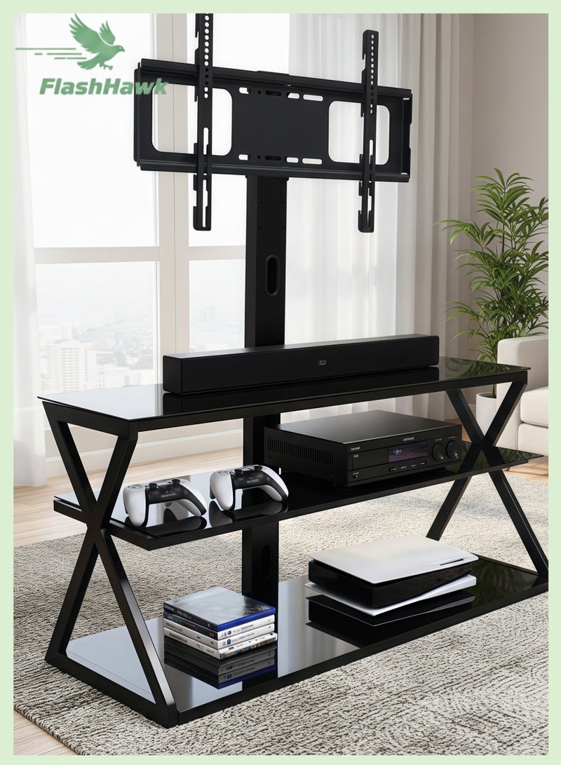 فلاشهوك حامل تلفزيون أرضي مع حامل لأجهزة تلفزيون مقاس 32-70 بوصة، أرفف تخزين من الزجاج المقسّى بثلاث طبقات، دوارة بزاوية 60 درجة، ارتفاع قابل للتعديل، طاولة تلفزيون حديثة باللون الأسود لغرفة المعيشة/غرفة النوم - Image 1