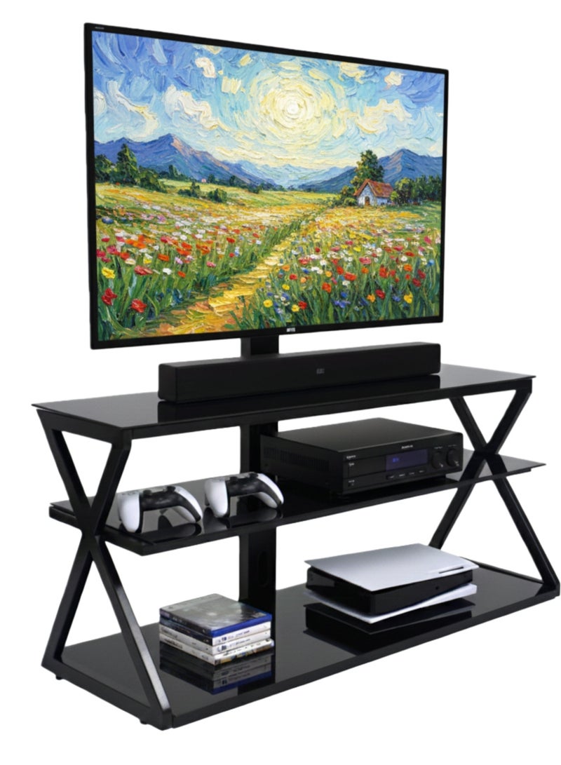 فلاشهوك حامل تلفزيون أرضي مع حامل لأجهزة تلفزيون مقاس 32-70 بوصة، أرفف تخزين من الزجاج المقسّى بثلاث طبقات، دوارة بزاوية 60 درجة، ارتفاع قابل للتعديل، طاولة تلفزيون حديثة باللون الأسود لغرفة المعيشة/غرفة النوم - Image 2