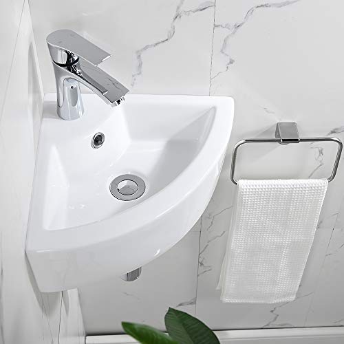 Bokaiya Wall Mount Corner Bathroom Sink with Faucet-Bokaiya 18x13 Inch Small Bathroom Sink with Overflow Wall Mount Triangle White Porcelain Ceramic Mini Vanity Space Vessel Sink - Image 2