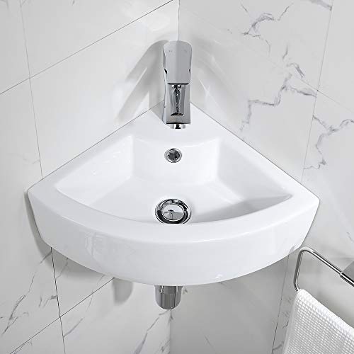 Bokaiya Wall Mount Corner Bathroom Sink with Faucet-Bokaiya 18x13 Inch Small Bathroom Sink with Overflow Wall Mount Triangle White Porcelain Ceramic Mini Vanity Space Vessel Sink - Image 3