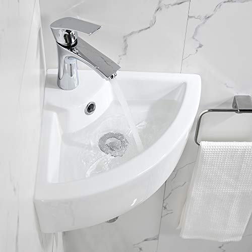 Bokaiya Wall Mount Corner Bathroom Sink with Faucet-Bokaiya 18x13 Inch Small Bathroom Sink with Overflow Wall Mount Triangle White Porcelain Ceramic Mini Vanity Space Vessel Sink - Image 4