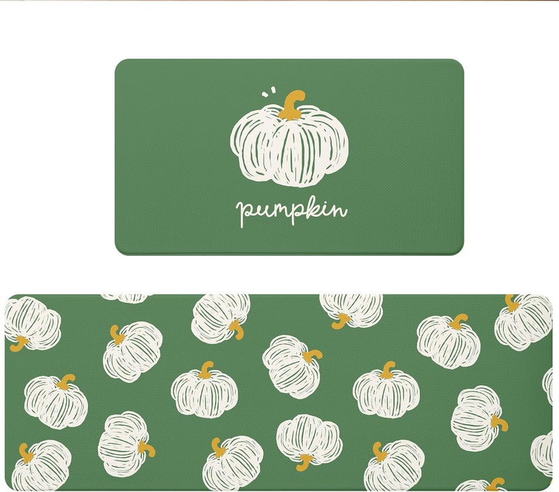 VivaNest Fall Autumn Hand-Drawn Pumpkin Green Kitchen Rug Sets [2 PCs], Anti-Fatigue, Waterproof Non-Slip Kitchen Mats Heavy Duty Comfort Foam Rug for Kitchen, Floor, Laundry,17"x29"+17"x47" - Image 1