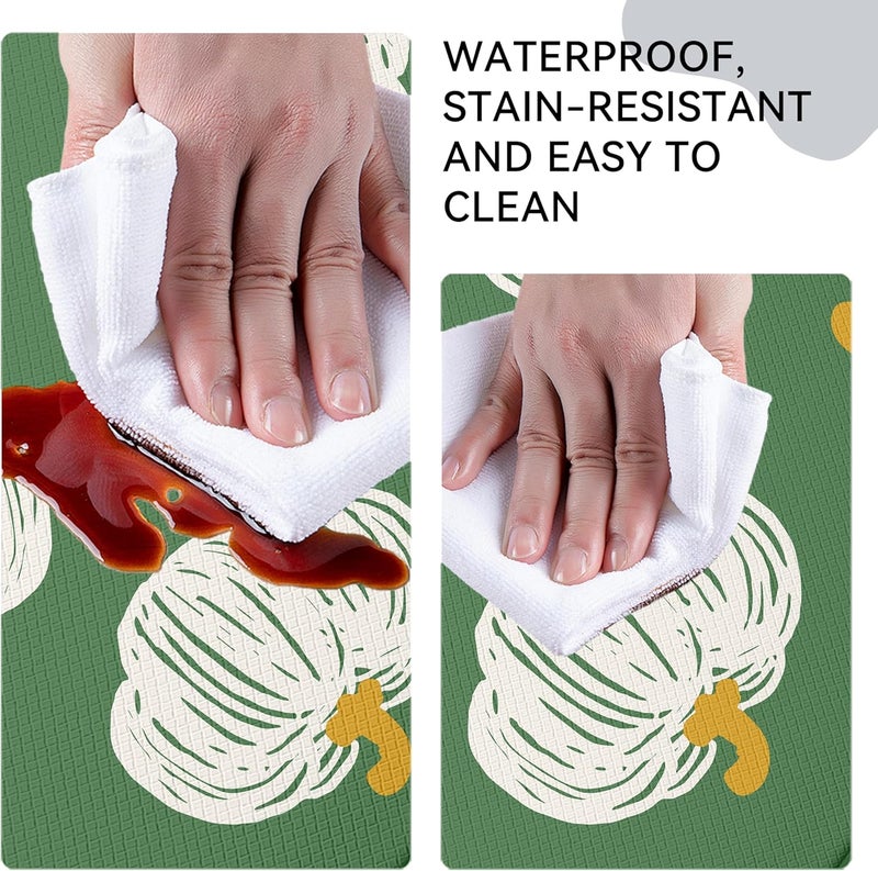 VivaNest Fall Autumn Hand-Drawn Pumpkin Green Kitchen Rug Sets [2 PCs], Anti-Fatigue, Waterproof Non-Slip Kitchen Mats Heavy Duty Comfort Foam Rug for Kitchen, Floor, Laundry,17"x29"+17"x47" - Image 5