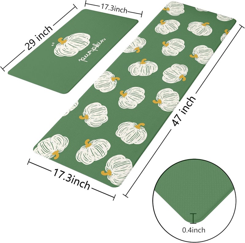 VivaNest Fall Autumn Hand-Drawn Pumpkin Green Kitchen Rug Sets [2 PCs], Anti-Fatigue, Waterproof Non-Slip Kitchen Mats Heavy Duty Comfort Foam Rug for Kitchen, Floor, Laundry,17"x29"+17"x47" - Image 3