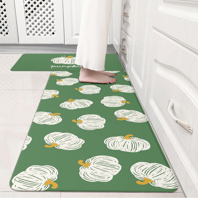 VivaNest Fall Autumn Hand-Drawn Pumpkin Green Kitchen Rug Sets [2 PCs], Anti-Fatigue, Waterproof Non-Slip Kitchen Mats Heavy Duty Comfort Foam Rug for Kitchen, Floor, Laundry,17"x29"+17"x47" - Image 2