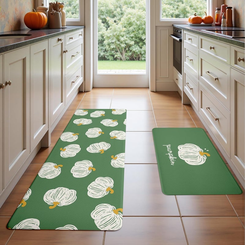 VivaNest Fall Autumn Hand-Drawn Pumpkin Green Kitchen Rug Sets [2 PCs], Anti-Fatigue, Waterproof Non-Slip Kitchen Mats Heavy Duty Comfort Foam Rug for Kitchen, Floor, Laundry,17"x29"+17"x47" - Image 4