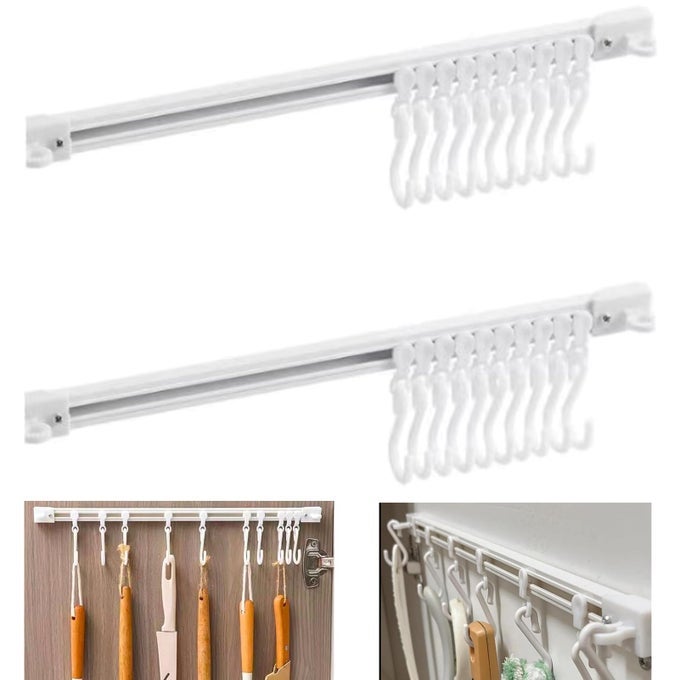 2PCS MULTIFUNCTIONAL SLIDE RAIL HOOK ADHESIVE WALL HOOKS RACK KITCHEN RAIL SPACE SAVING UTENSIL RACK WITH 10 HOOKS NO DRILLING HANGER FOR BATHROOM KITCHEN BEDROOM OFFICE40CM157IN