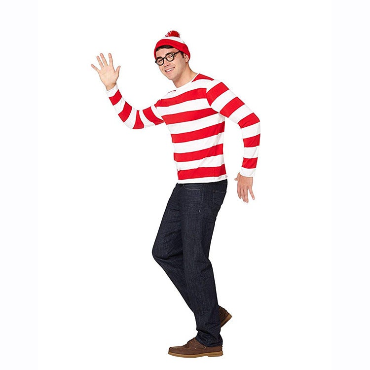 Smart Cartoon Wheres Wally Family Cosplay Costume Adult male (top + hat + glasses frame)