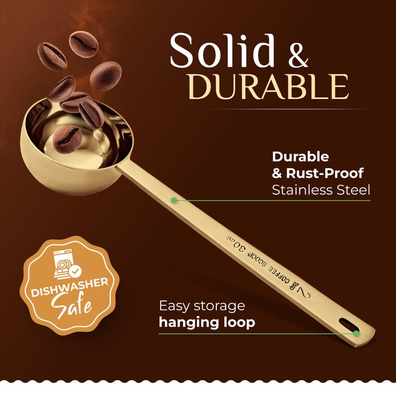 Orblue Premium Coffee Scoop Set - 1 Tbsp (15ml) & 2 Tbsp (30ml) Measuring Tablespoon - Stainless Steel Coffee Measuring Spoon and Scooper with Long Handles - Pack of 2 - Gold - Image 2