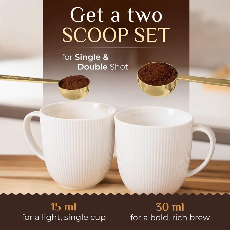 Orblue Premium Coffee Scoop Set - 1 Tbsp (15ml) & 2 Tbsp (30ml) Measuring Tablespoon - Stainless Steel Coffee Measuring Spoon and Scooper with Long Handles - Pack of 2 - Gold - Image 3