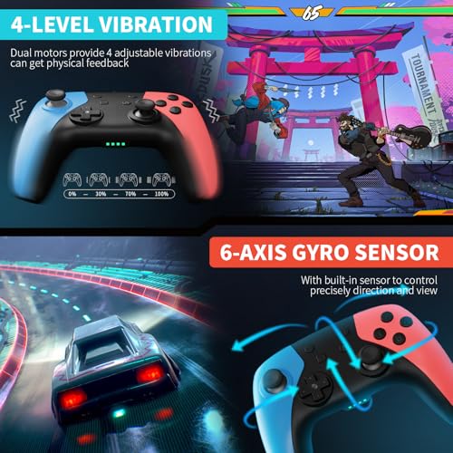 AceGamer 2 Pack Wireless Controller for Nintendo Switch/Lite/OLED, Hall Effect Joystick for Switch 2 Pro Controller with Wake-Up/Turbo/Dual Vibration/Programmable (Red+Blue) - Image 4