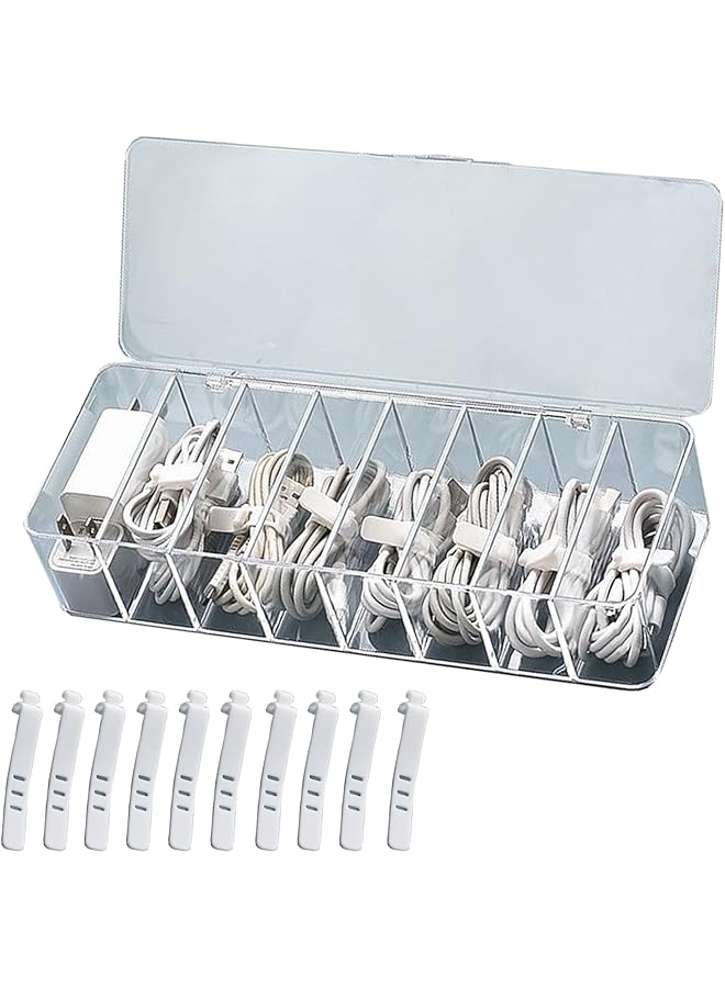 promass Data Cable Organizer Box, Clear Electronics Organizer Boxes,Plastic Cable Management Box with 10 Wire Ties, 8 Capacity Acrylic Charger Organizer, Electronics Organizer for Office - Image 1