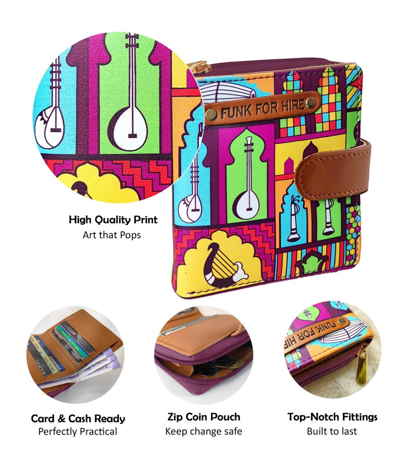 Funk For Hire Printed Leatherette Multicolored Women Bi-fold Wallet with 6 Card Slots, Cash Compartment, Zippered Coin Pouch, Magnetic Closure, Compact Two Fold Design, Handcrafted in India - Image 3