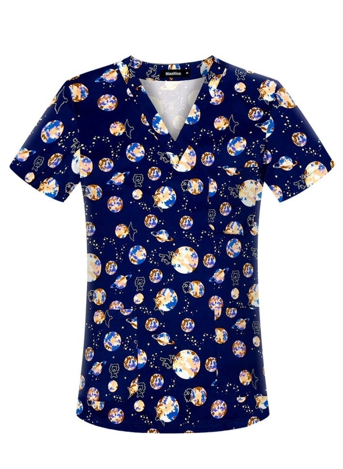 Loquat Cartoon Printed V-Neck Medical Uniform Scrubs Top Comfty Soft Workwear