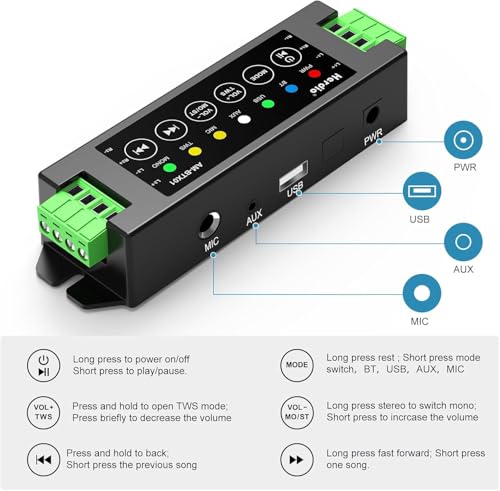 Herdio 4-Channel Amplifier Bluetooth 5.0 Amp Receiver 200W Power Output with 24V5A AC-DC Power Supply Wall Mounting,USB/MIC/AUX/TWS,for Home/Garage/Ceiling/Passive Speakers (40W Each Channel) - Image 4