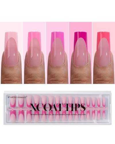 BTArtboxnails XCOATTIPS Pink French Tip Press On Nails - Long Press On Nails Square, Soft Gel Nail Tips, 150Pcs Soak Off Acrylic Pink Fake Nail Extension in 15 Sizes - Image 1