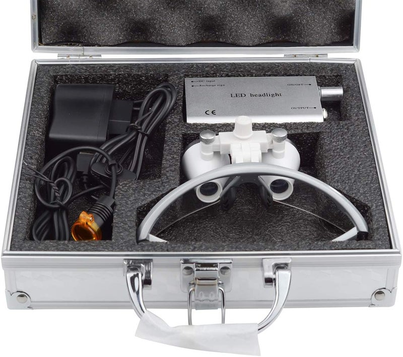 EustomA 2.5X Binocular Loupes Optical Glasses +3W LED Headlight Lamp with Filter + Aluminum Box Silver - Image 4